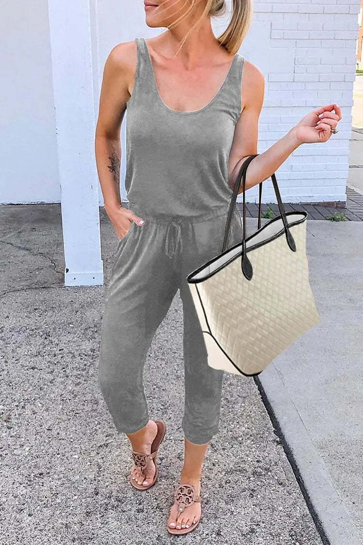 Women Causal Sleeveless Elastic Waist Jumpsuit PRETTYGARDEN