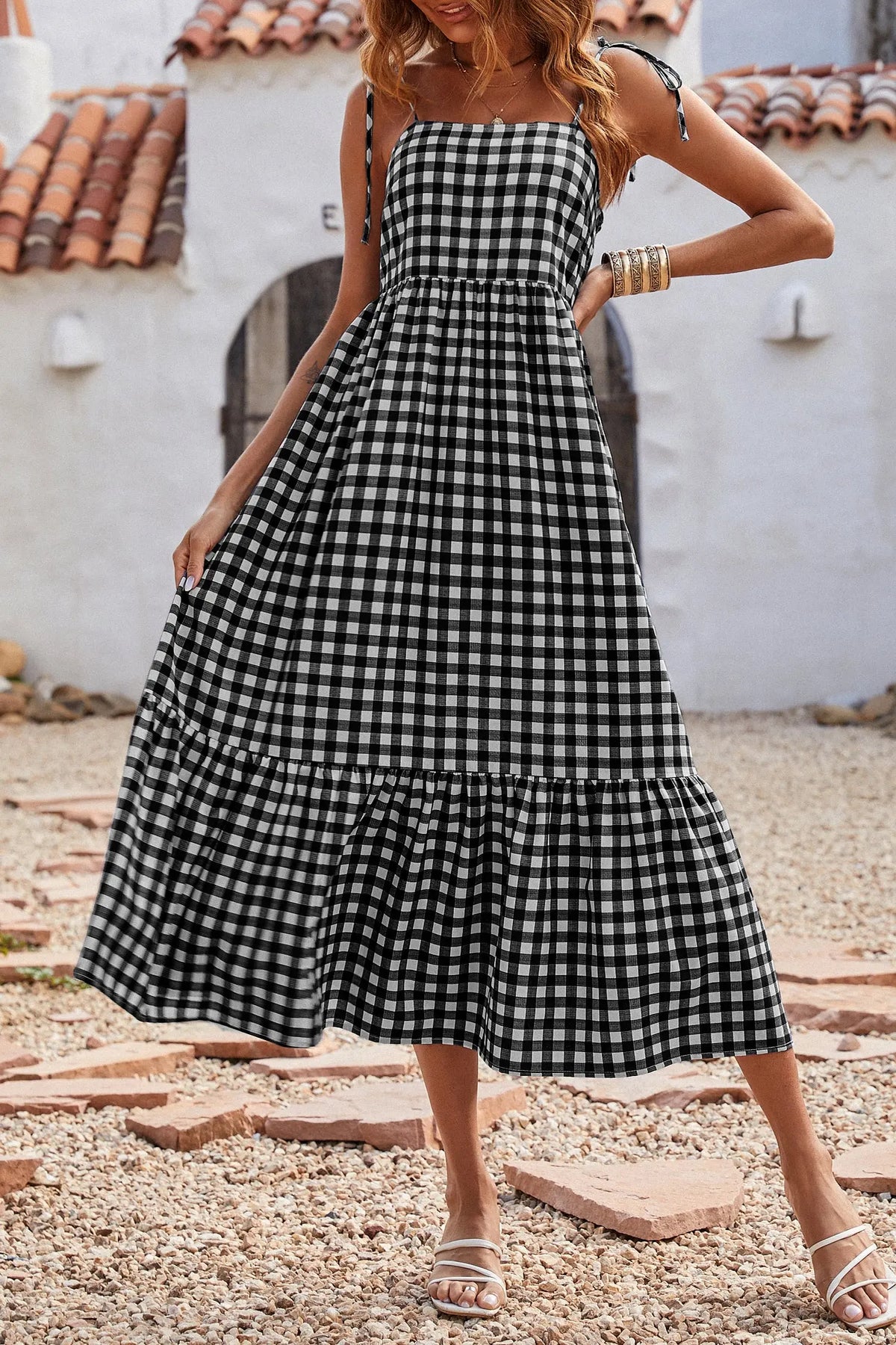 Women Plaid Spaghetti Strap Square Neck Tiered Ruffle Flowy Maxi Dresses PRETTYGARDEN