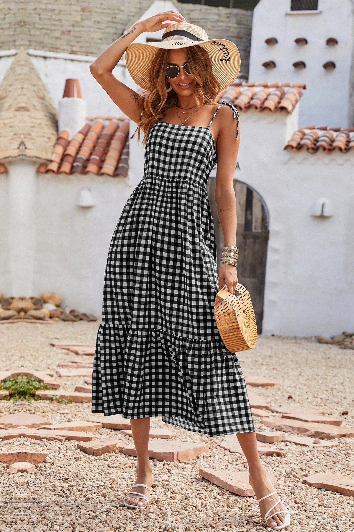 Women Plaid Spaghetti Strap Square Neck Tiered Ruffle Flowy Maxi Dresses PRETTYGARDEN