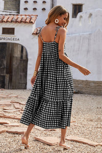 Women Plaid Spaghetti Strap Square Neck Tiered Ruffle Flowy Maxi Dresses PRETTYGARDEN