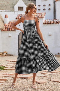 Women Plaid Spaghetti Strap Square Neck Tiered Ruffle Flowy Maxi Dresses PRETTYGARDEN