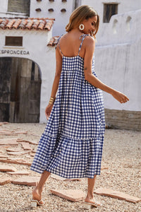 Women Plaid Spaghetti Strap Square Neck Tiered Ruffle Flowy Maxi Dresses PRETTYGARDEN