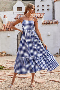 Women Plaid Spaghetti Strap Square Neck Tiered Ruffle Flowy Maxi Dresses PRETTYGARDEN