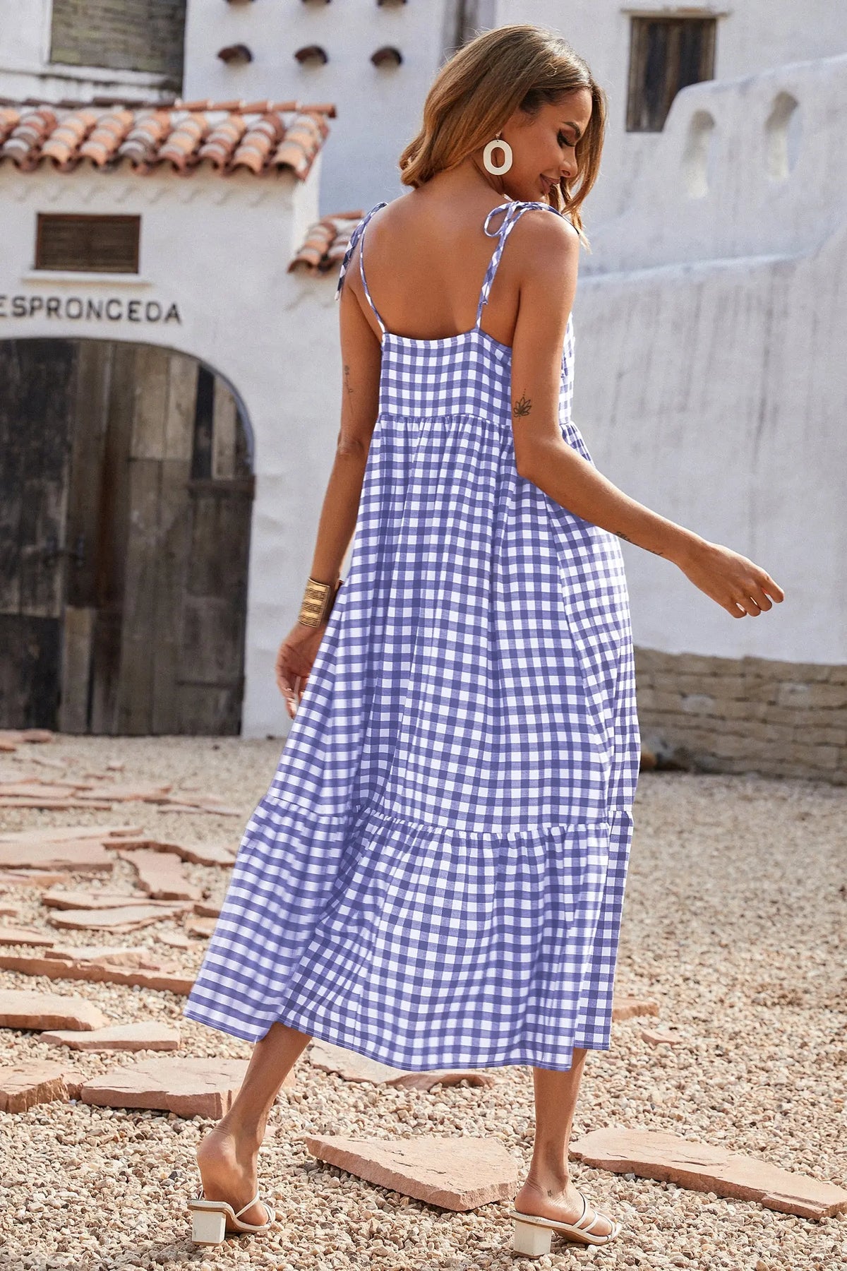 Women Plaid Spaghetti Strap Square Neck Tiered Ruffle Flowy Maxi Dresses PRETTYGARDEN