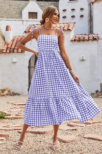 Women Plaid Spaghetti Strap Square Neck Tiered Ruffle Flowy Maxi Dresses PRETTYGARDEN