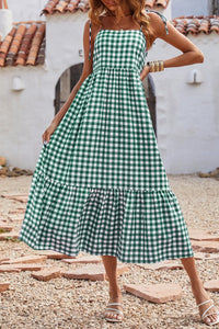 Women Plaid Spaghetti Strap Square Neck Tiered Ruffle Flowy Maxi Dresses PRETTYGARDEN