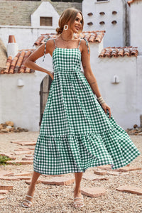 Women Plaid Spaghetti Strap Square Neck Tiered Ruffle Flowy Maxi Dresses PRETTYGARDEN