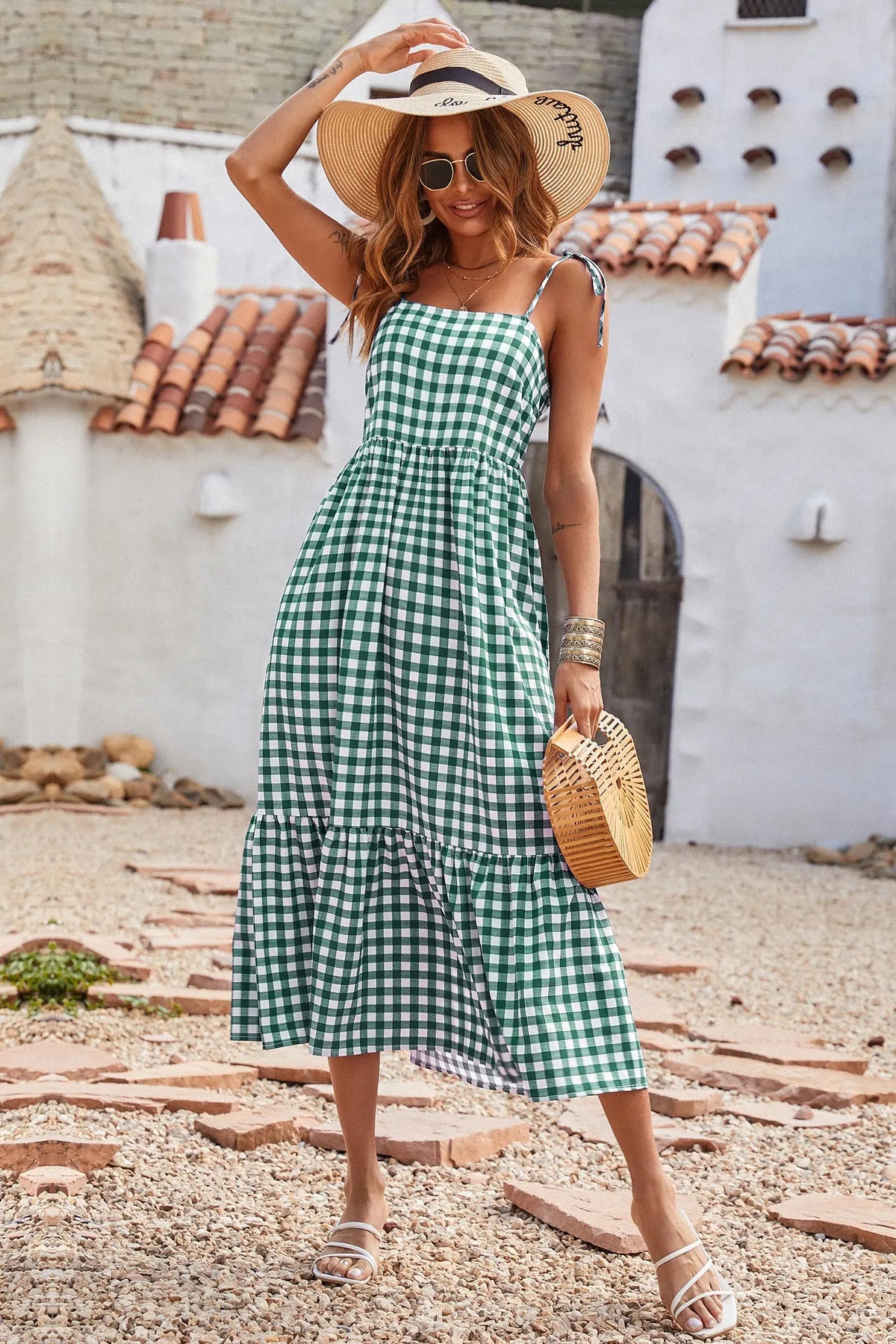 Women Plaid Spaghetti Strap Square Neck Tiered Ruffle Flowy Maxi Dresses PRETTYGARDEN