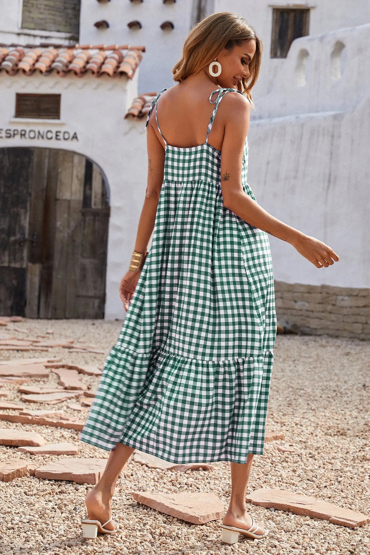 Women Plaid Spaghetti Strap Square Neck Tiered Ruffle Flowy Maxi Dresses PRETTYGARDEN