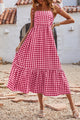 Women Plaid Spaghetti Strap Square Neck Tiered Ruffle Flowy Maxi Dresses PRETTYGARDEN