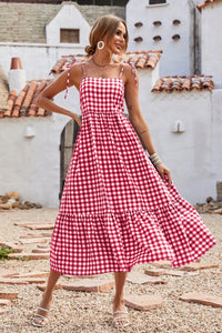 Women Plaid Spaghetti Strap Square Neck Tiered Ruffle Flowy Maxi Dresses PRETTYGARDEN