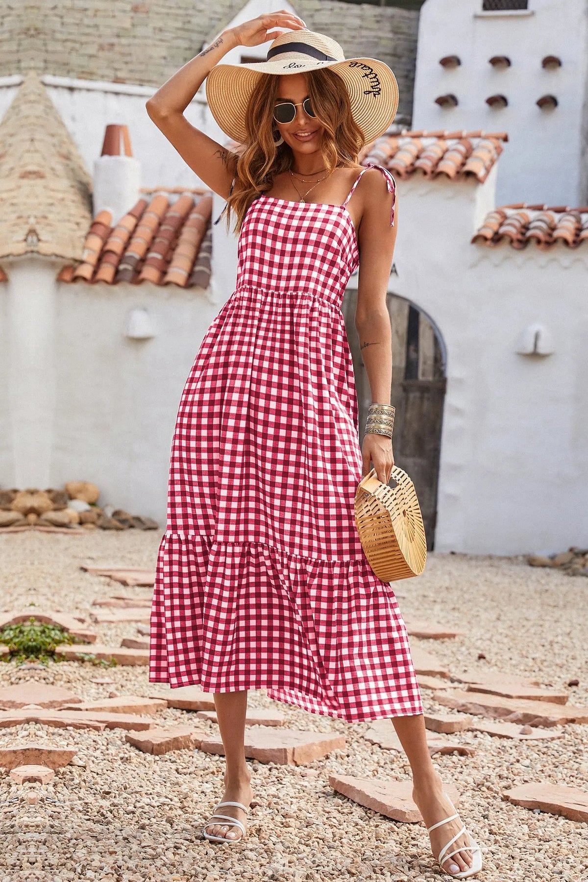 Women Plaid Spaghetti Strap Square Neck Tiered Ruffle Flowy Maxi Dresses PRETTYGARDEN