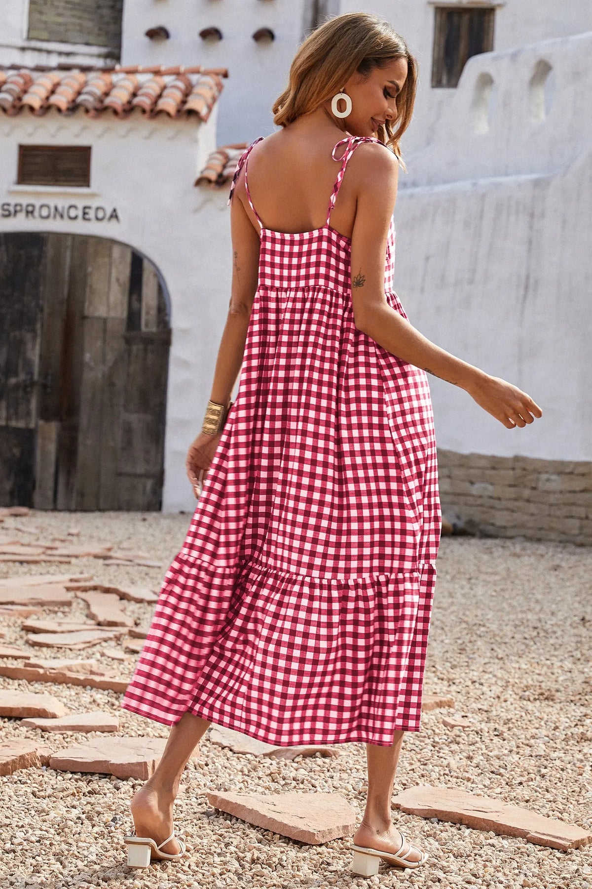 Women Plaid Spaghetti Strap Square Neck Tiered Ruffle Flowy Maxi Dresses PRETTYGARDEN