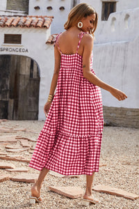 Women Plaid Spaghetti Strap Square Neck Tiered Ruffle Flowy Maxi Dresses PRETTYGARDEN