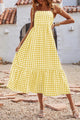 Women Plaid Spaghetti Strap Square Neck Tiered Ruffle Flowy Maxi Dresses PRETTYGARDEN