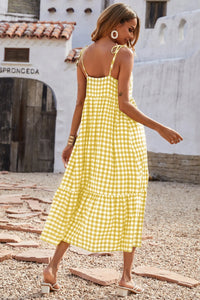 Women Plaid Spaghetti Strap Square Neck Tiered Ruffle Flowy Maxi Dresses PRETTYGARDEN