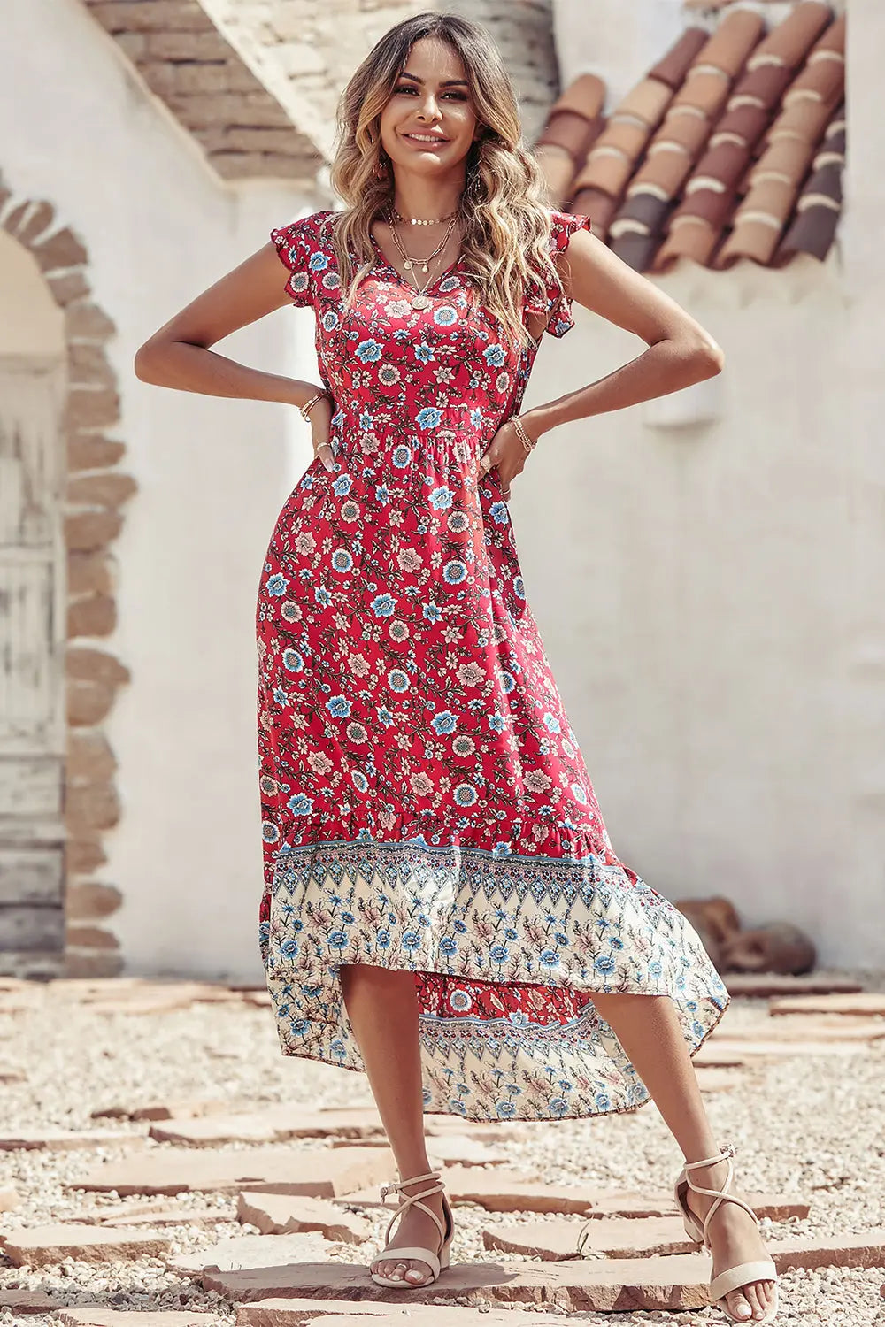 Women's Casual Floral V Neck Cap Sleeves Boho High Low Flowy Midi Long Sun Dresses PRETTYGARDEN