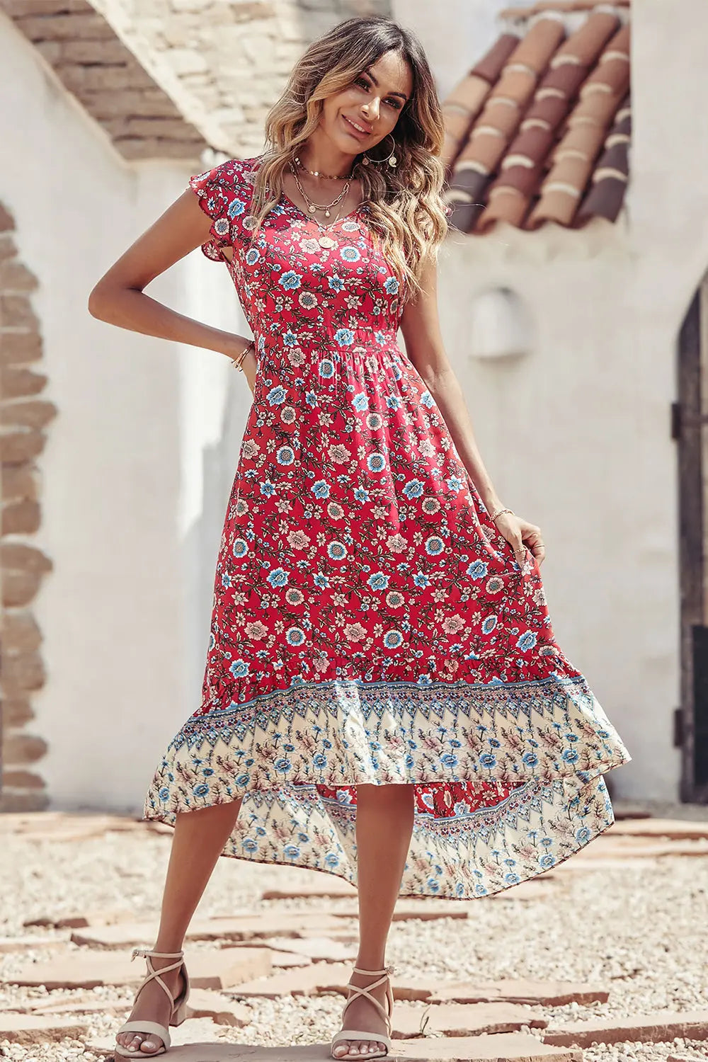 Women's Casual Floral V Neck Cap Sleeves Boho High Low Flowy Midi Long Sun Dresses PRETTYGARDEN