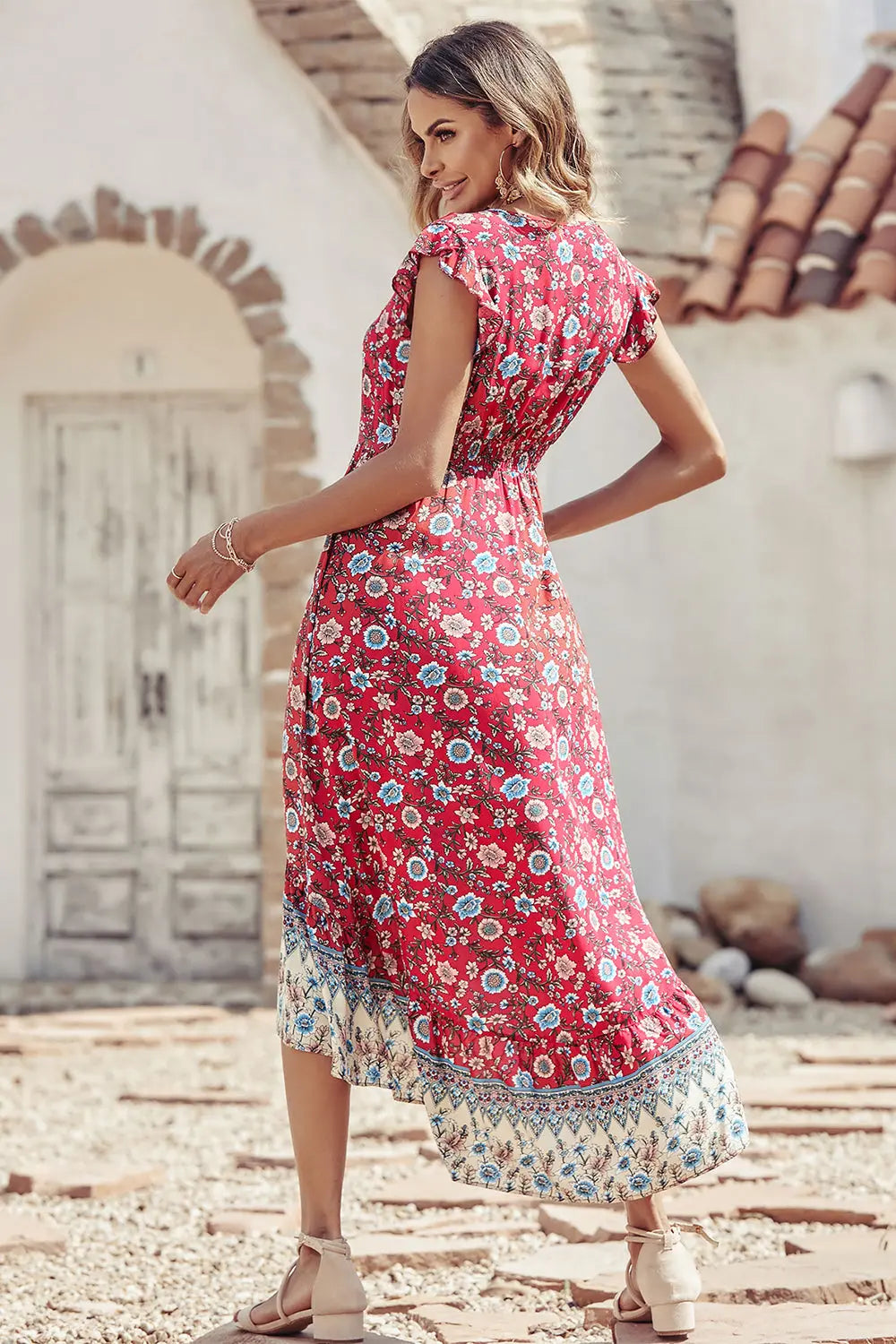 Women's Casual Floral V Neck Cap Sleeves Boho High Low Flowy Midi Long Sun Dresses PRETTYGARDEN