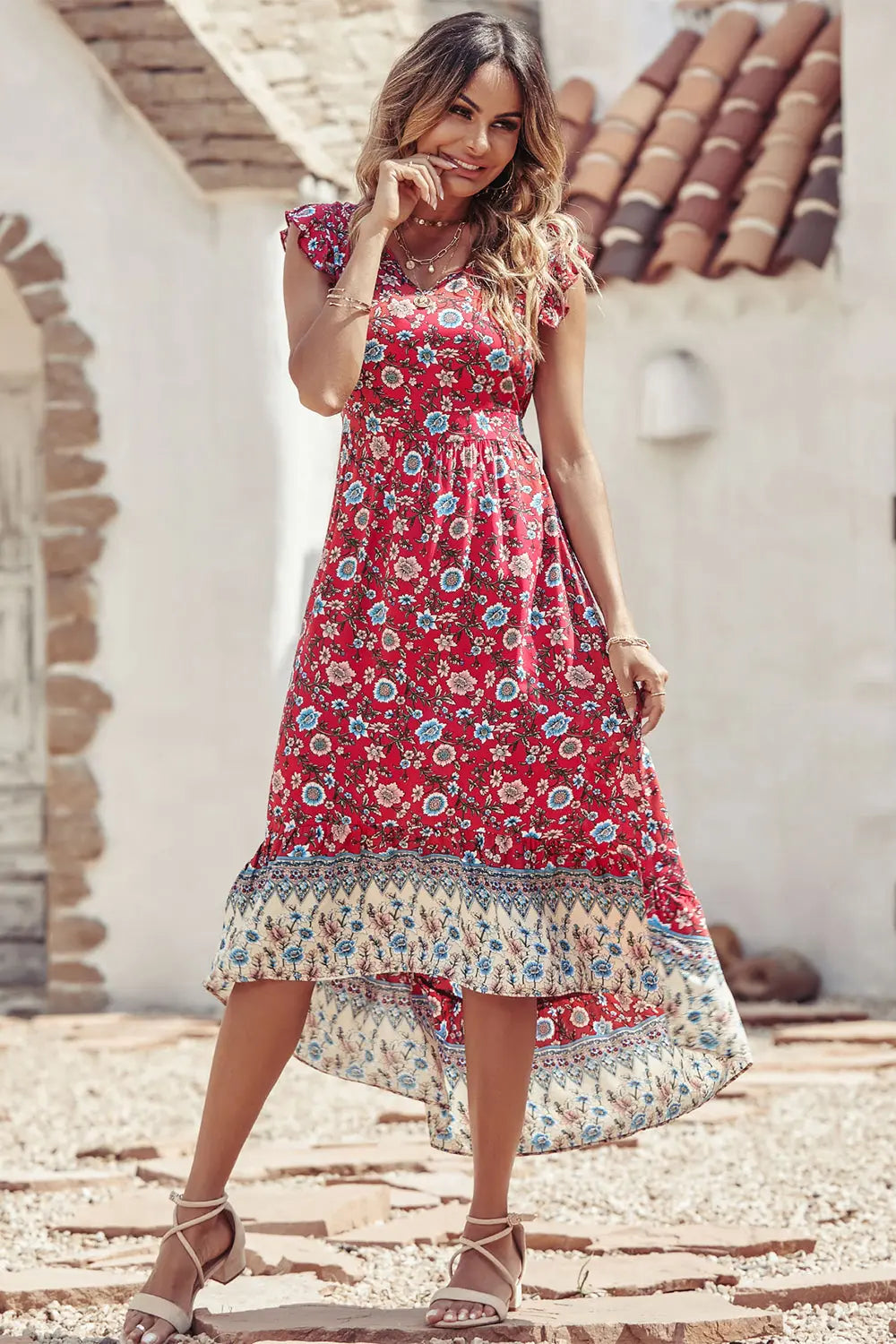 Women's Casual Floral V Neck Cap Sleeves Boho High Low Flowy Midi Long Sun Dresses PRETTYGARDEN