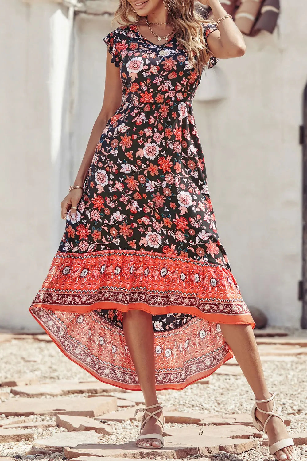 Women's Casual Floral V Neck Cap Sleeves Boho High Low Flowy Midi Long Sun Dresses PRETTYGARDEN