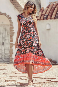 Women's Casual Floral V Neck Cap Sleeves Boho High Low Flowy Midi Long Sun Dresses PRETTYGARDEN