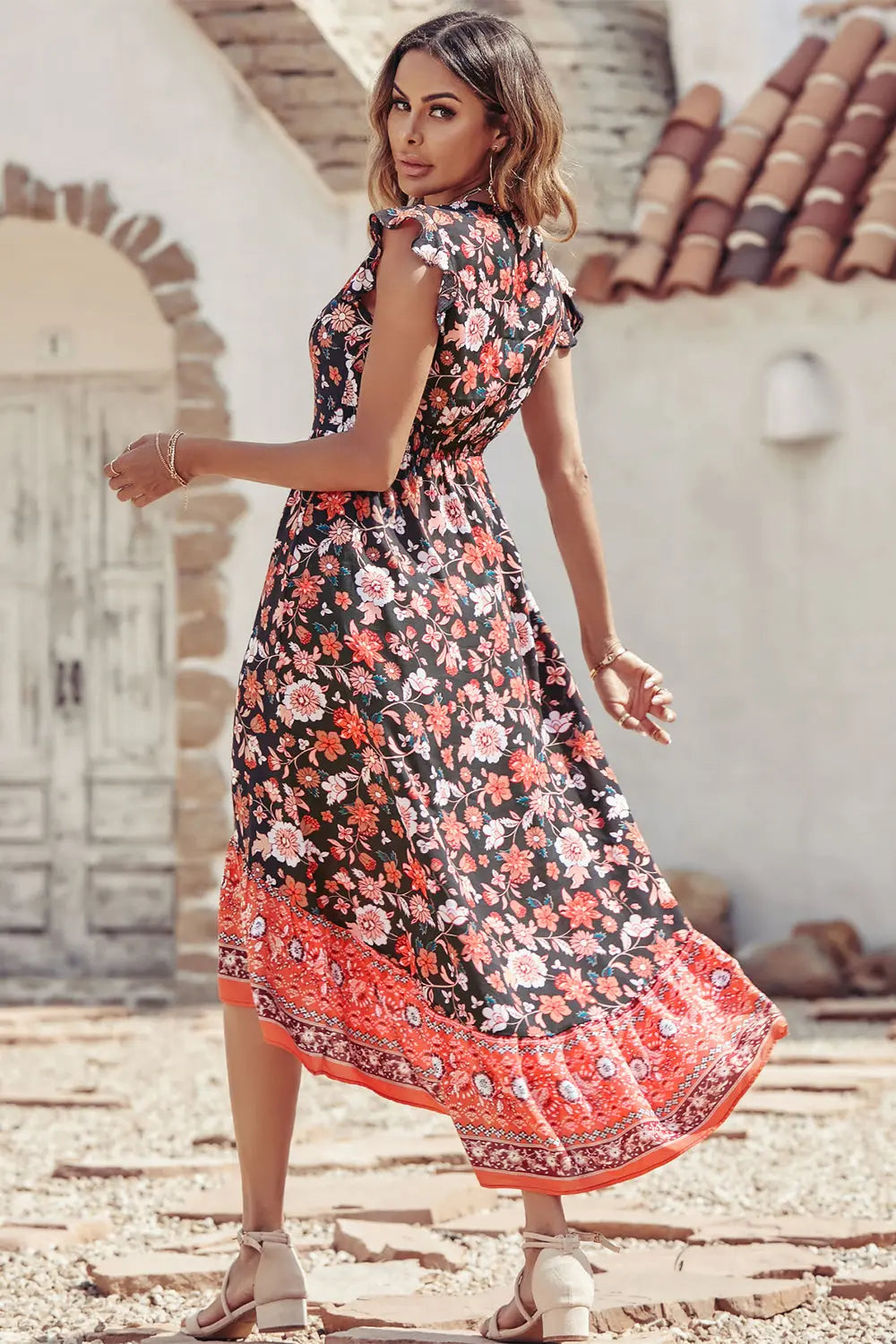 Women's Casual Floral V Neck Cap Sleeves Boho High Low Flowy Midi Long Sun Dresses PRETTYGARDEN