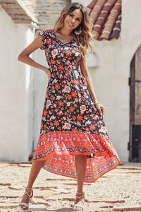 Women's Casual Floral V Neck Cap Sleeves Boho High Low Flowy Midi Long Sun Dresses PRETTYGARDEN