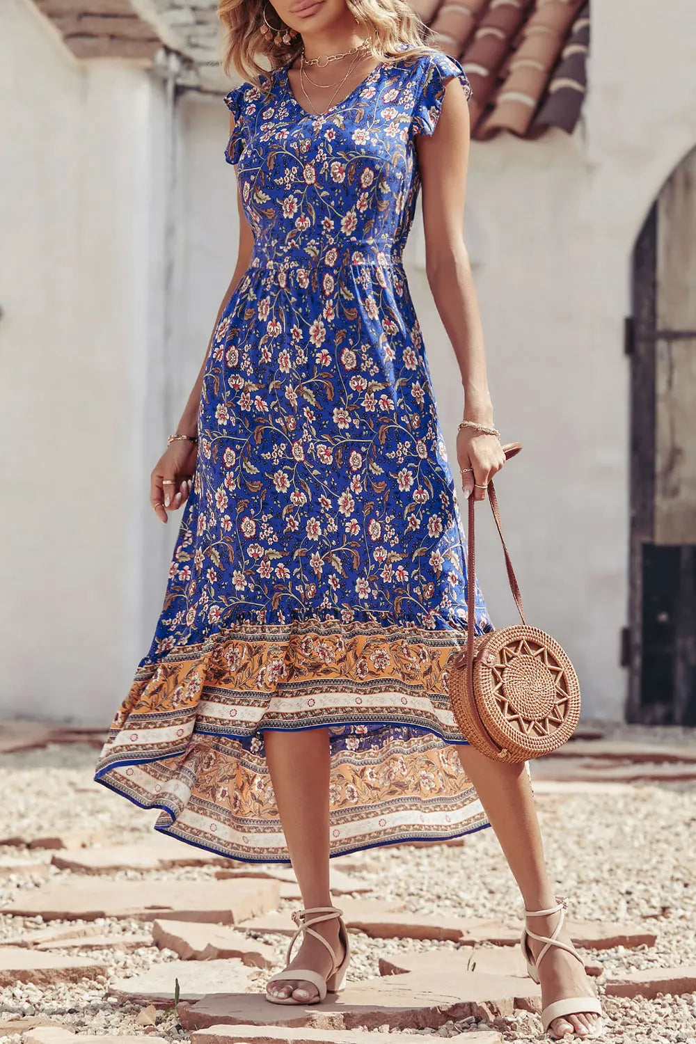 Women's Casual Floral V Neck Cap Sleeves Boho High Low Flowy Midi Long Sun Dresses PRETTYGARDEN