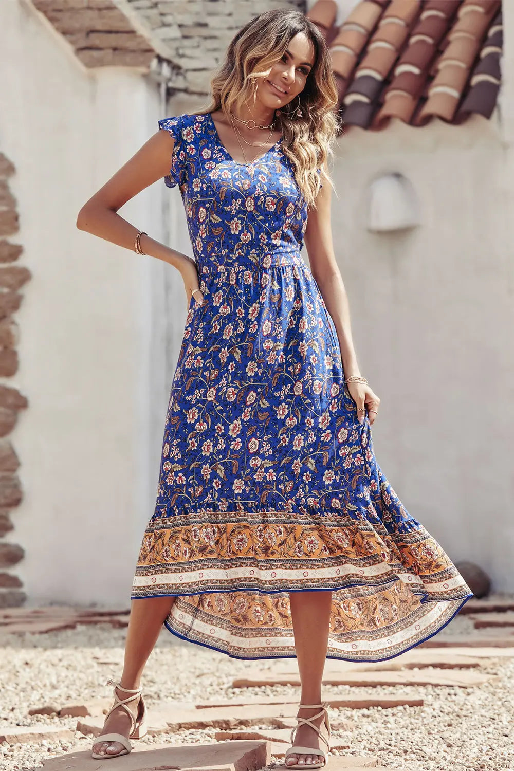 Women's Casual Floral V Neck Cap Sleeves Boho High Low Flowy Midi Long Sun Dresses PRETTYGARDEN