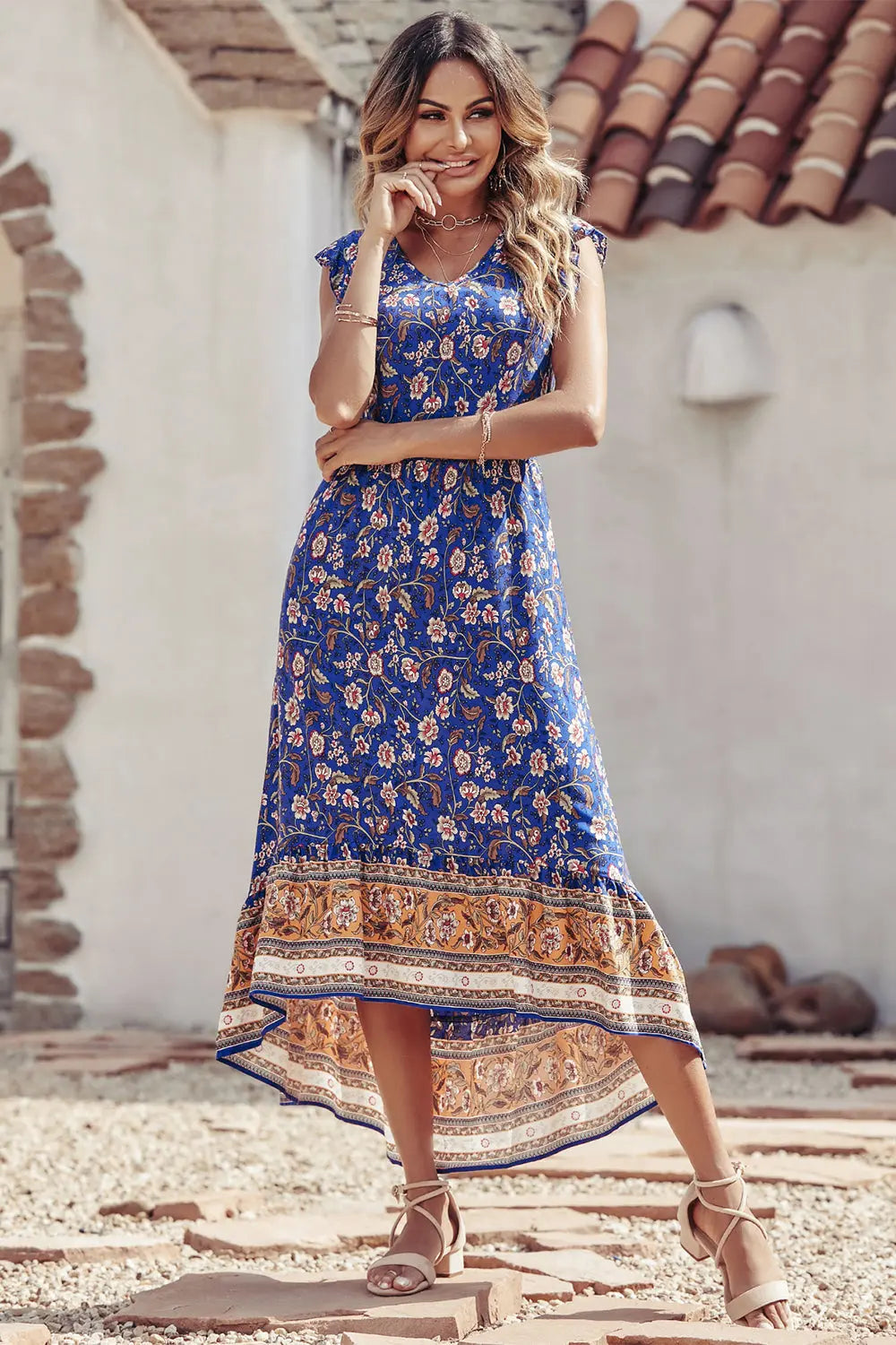 Women's Casual Floral V Neck Cap Sleeves Boho High Low Flowy Midi Long Sun Dresses PRETTYGARDEN