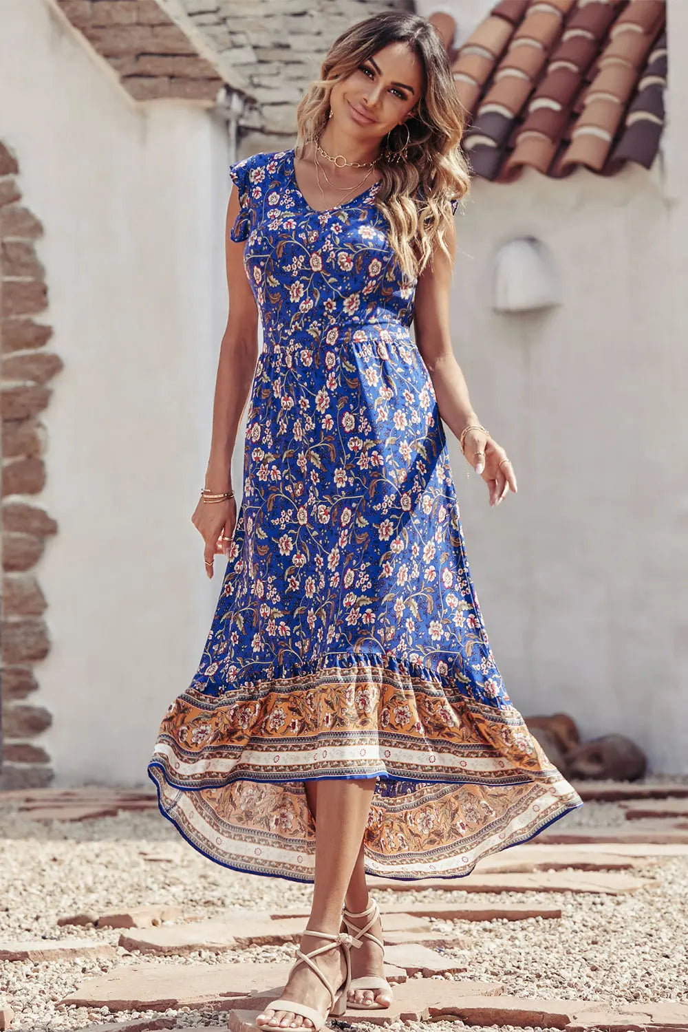 Women's Casual Floral V Neck Cap Sleeves Boho High Low Flowy Midi Long Sun Dresses PRETTYGARDEN