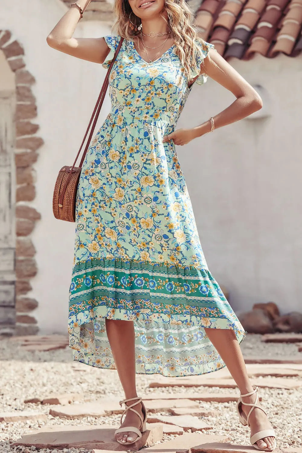 Women's Casual Floral V Neck Cap Sleeves Boho High Low Flowy Midi Long Sun Dresses PRETTYGARDEN