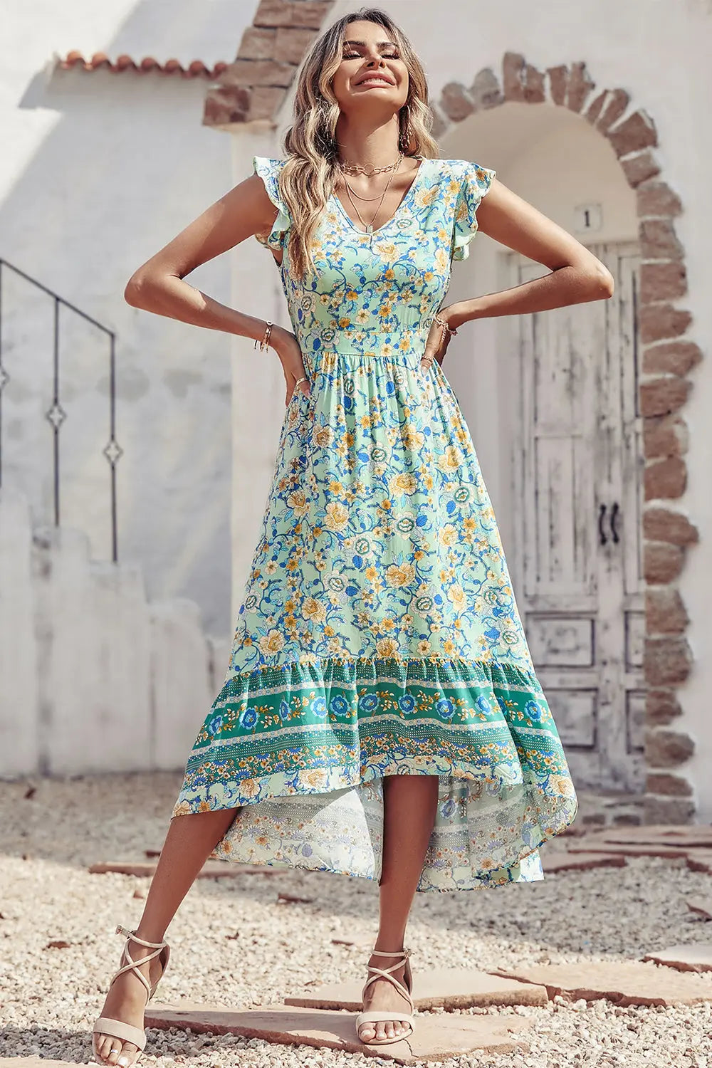 Women's Casual Floral V Neck Cap Sleeves Boho High Low Flowy Midi Long Sun Dresses PRETTYGARDEN