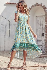 Women's Casual Floral V Neck Cap Sleeves Boho High Low Flowy Midi Long Sun Dresses PRETTYGARDEN