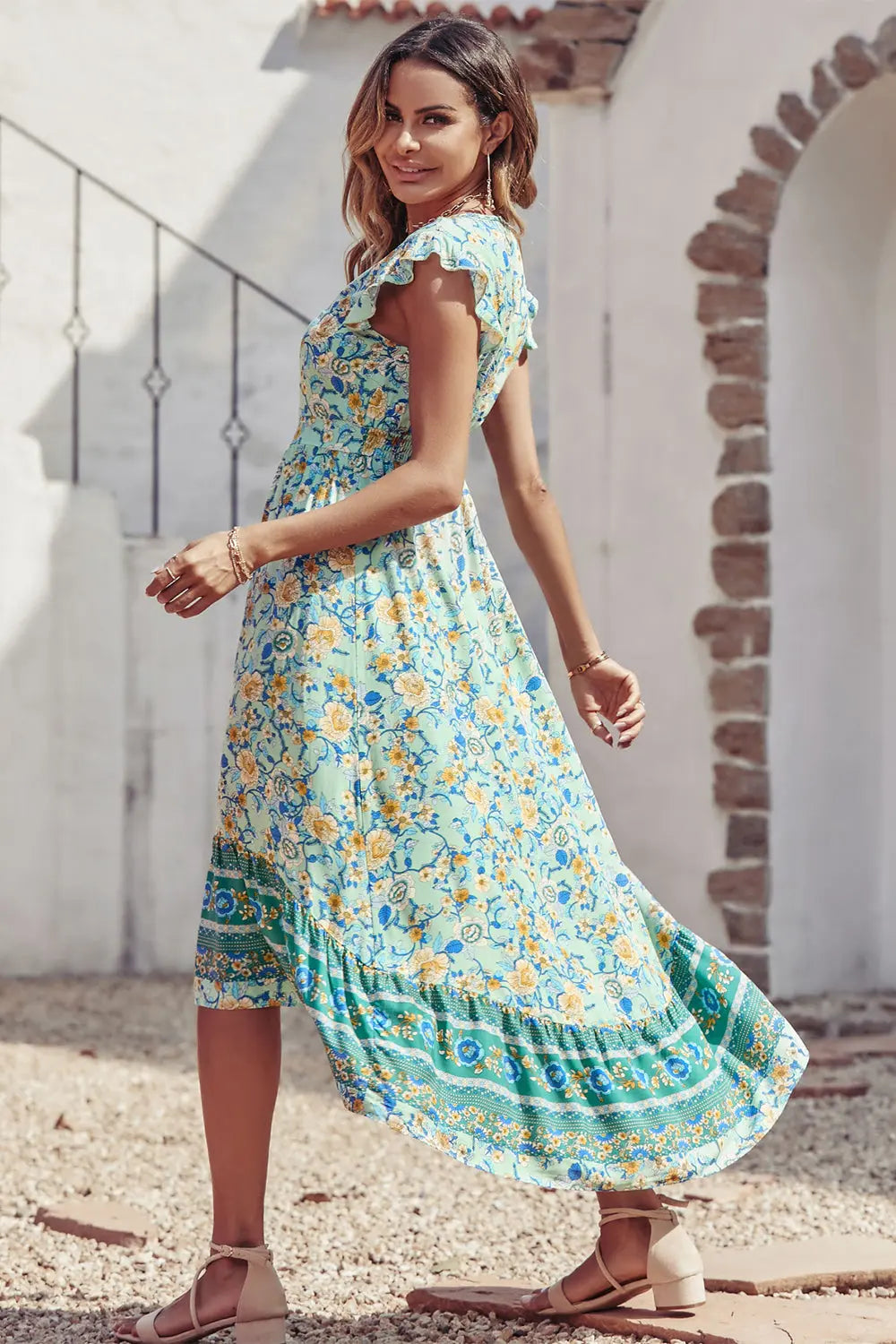 Women's Casual Floral V Neck Cap Sleeves Boho High Low Flowy Midi Long Sun Dresses PRETTYGARDEN