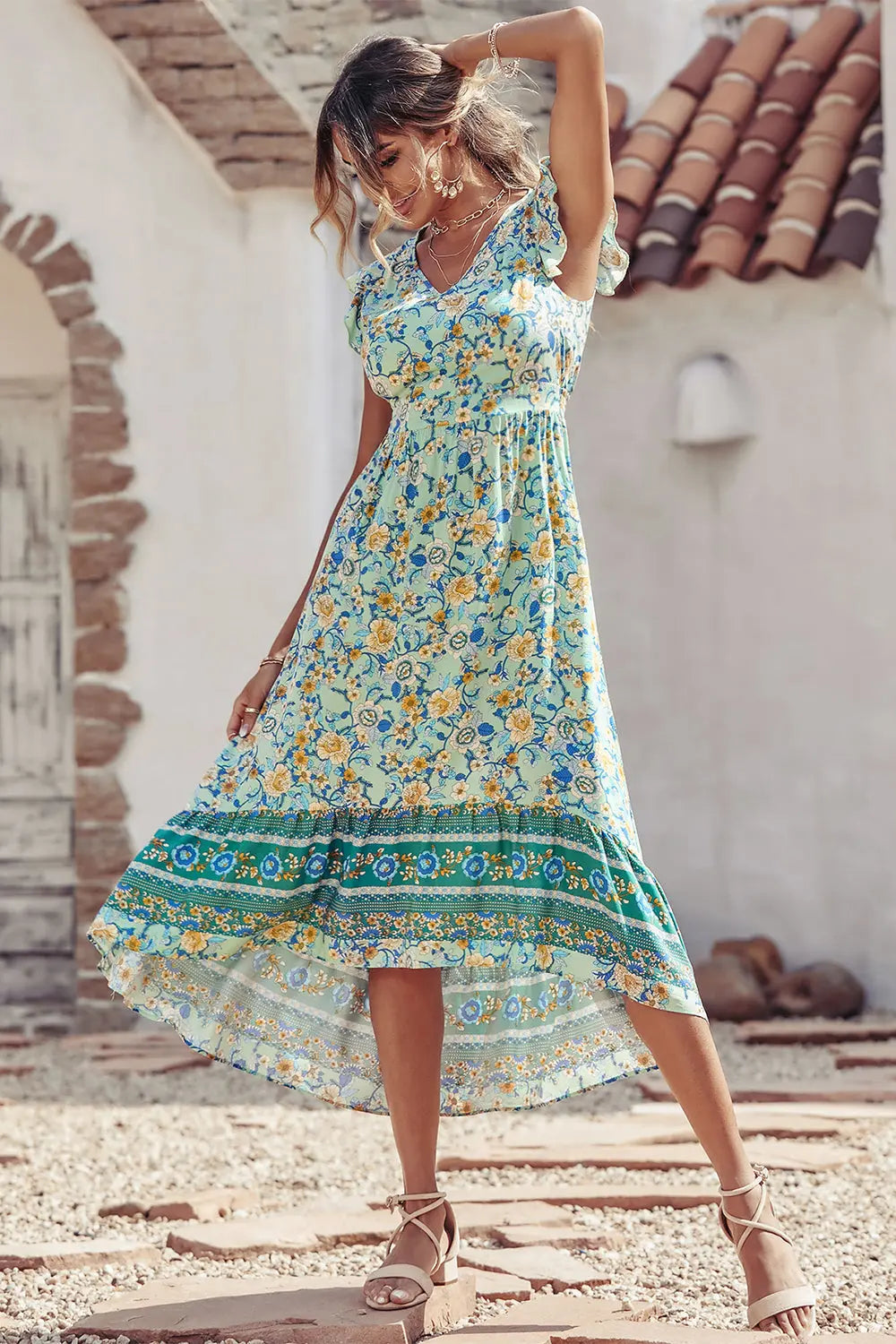 Women's Casual Floral V Neck Cap Sleeves Boho High Low Flowy Midi Long Sun Dresses PRETTYGARDEN