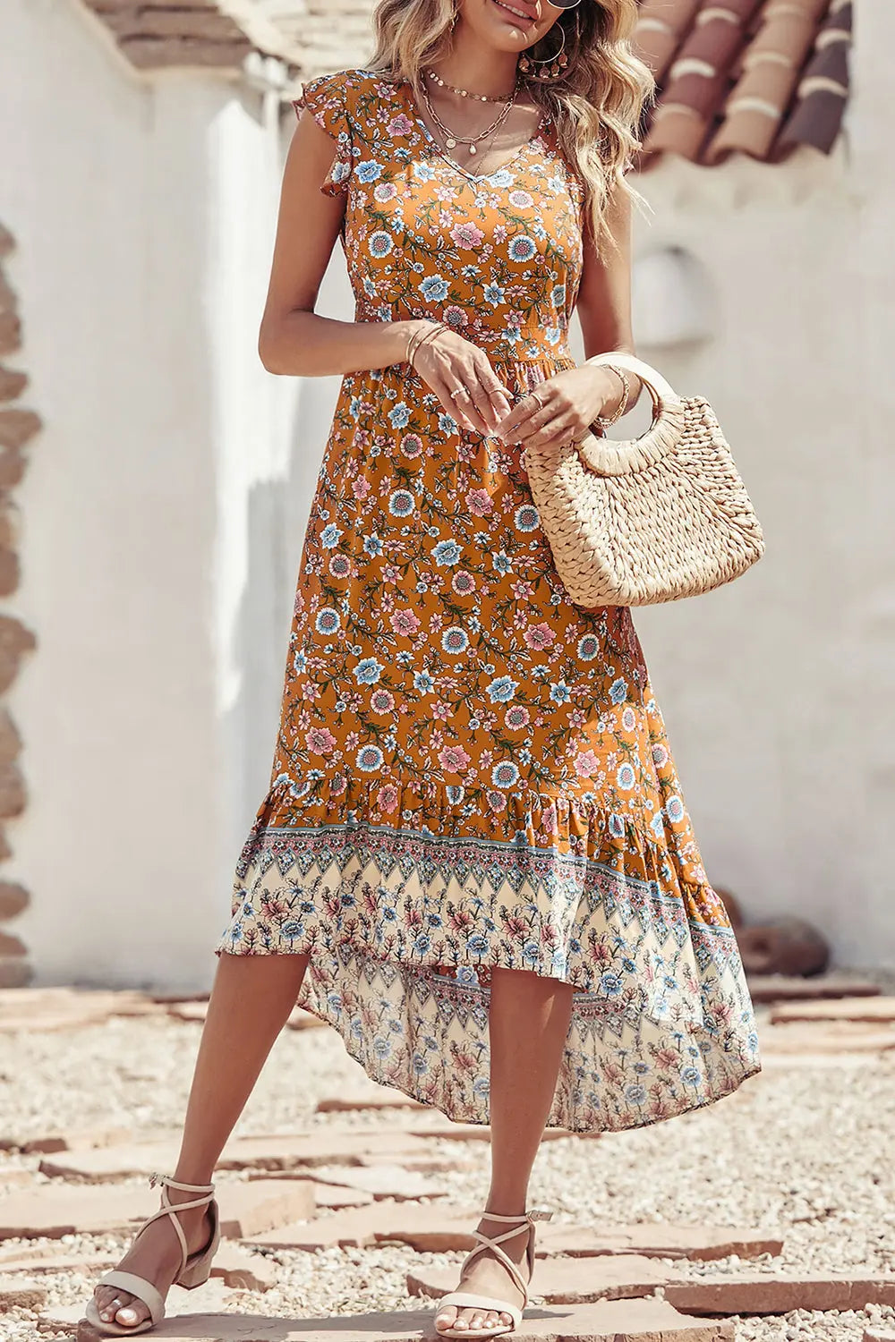 Women's Casual Floral V Neck Cap Sleeves Boho High Low Flowy Midi Long Sun Dresses PRETTYGARDEN