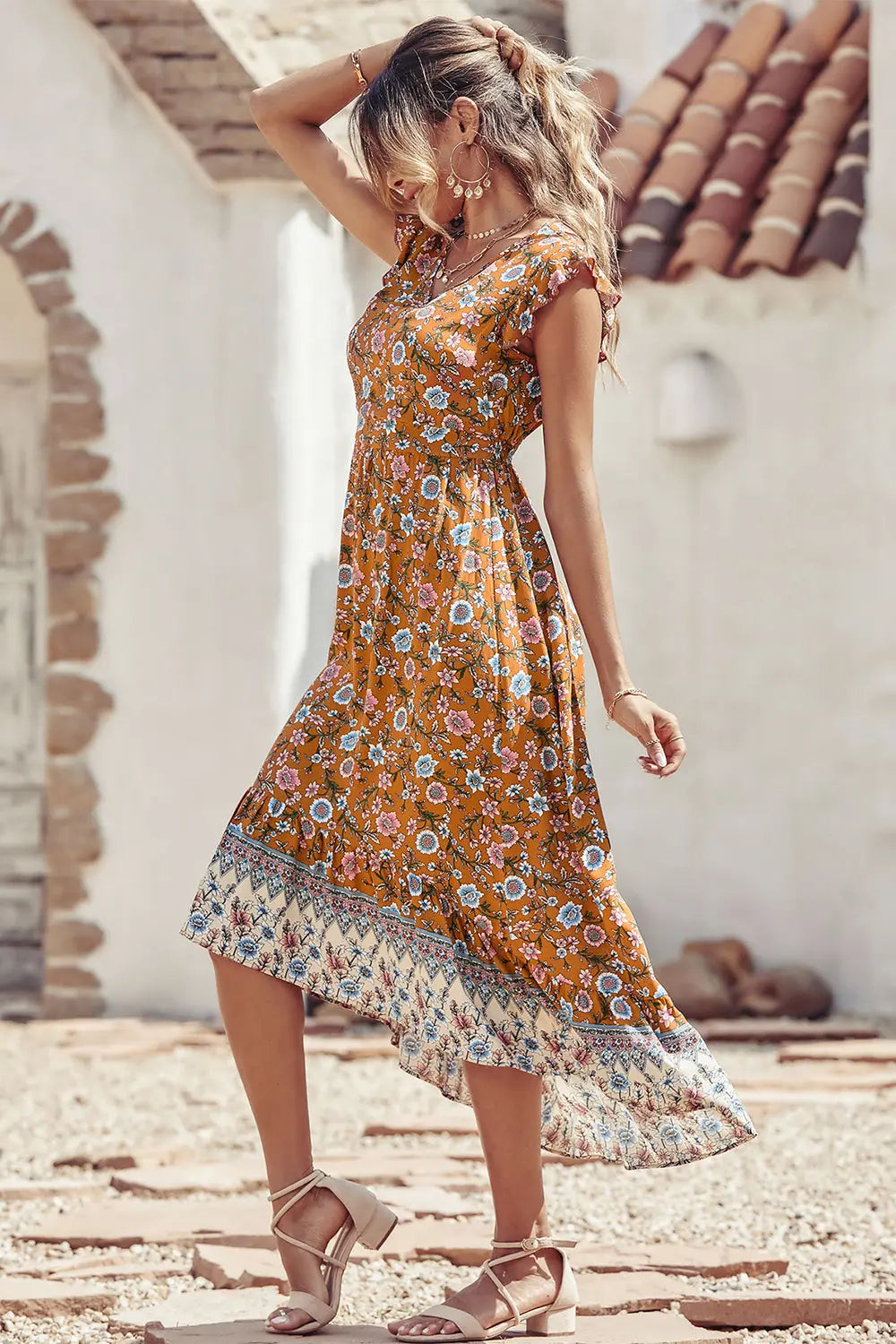 Women's Casual Floral V Neck Cap Sleeves Boho High Low Flowy Midi Long Sun Dresses PRETTYGARDEN