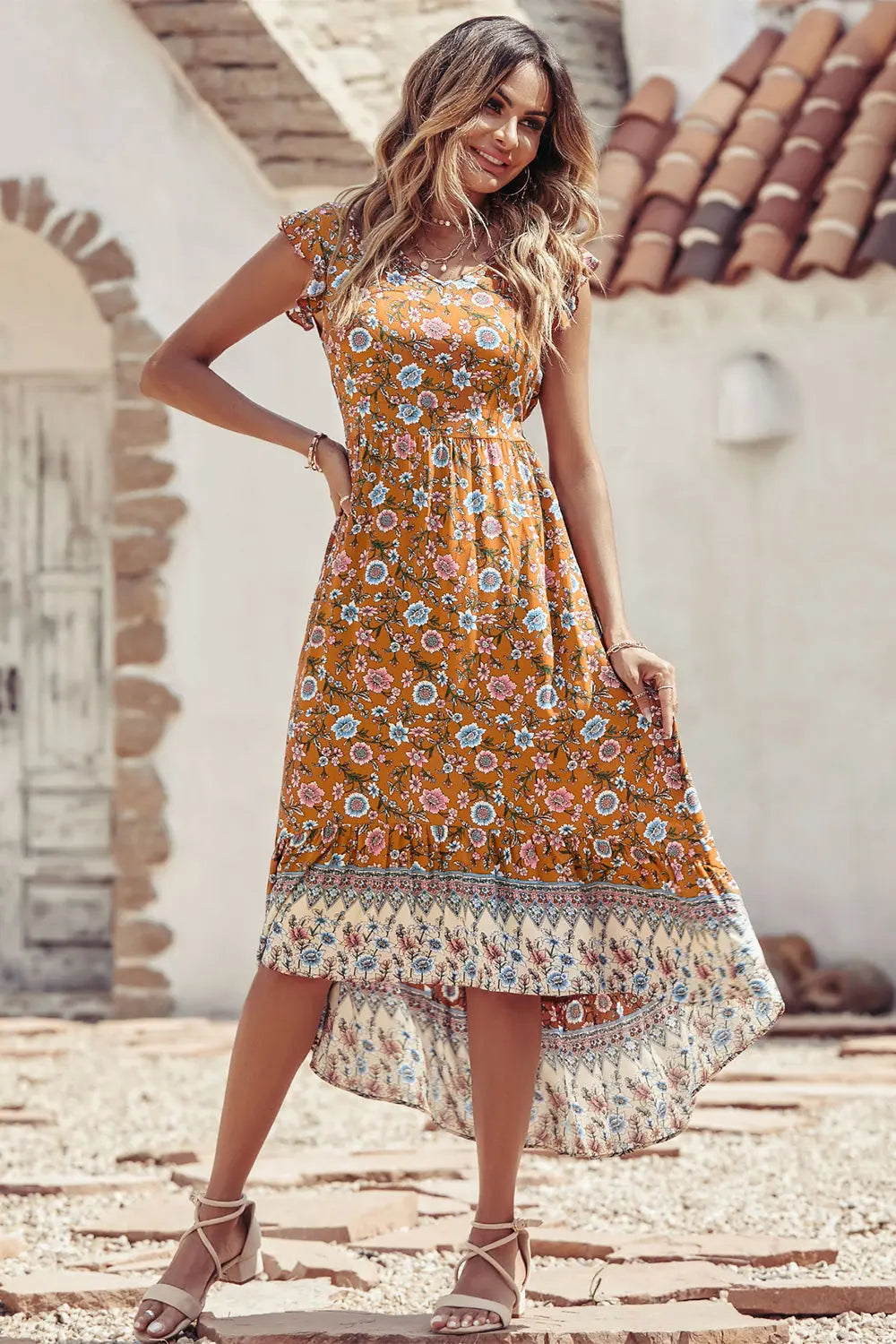 Women's Casual Floral V Neck Cap Sleeves Boho High Low Flowy Midi Long Sun Dresses PRETTYGARDEN