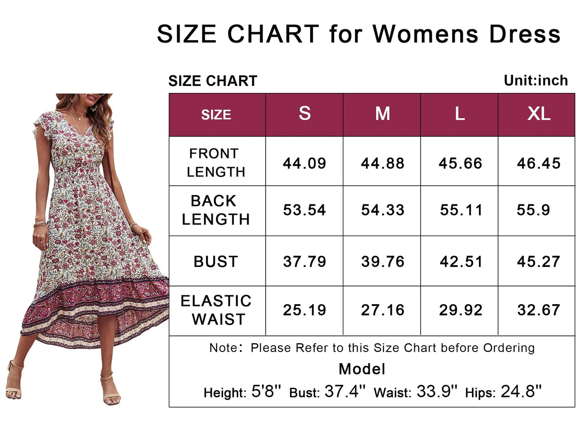 Women's Floral V Neck Cap Sleeves Boho High Low Flowy Midi Long Sun Dresses PRETTYGARDEN