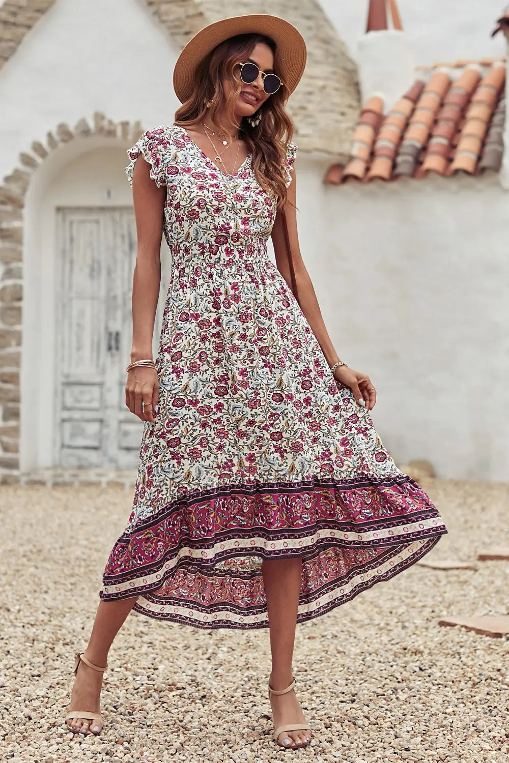 Women's Floral V Neck Cap Sleeves Boho High Low Flowy Midi Long Sun Dresses PRETTYGARDEN