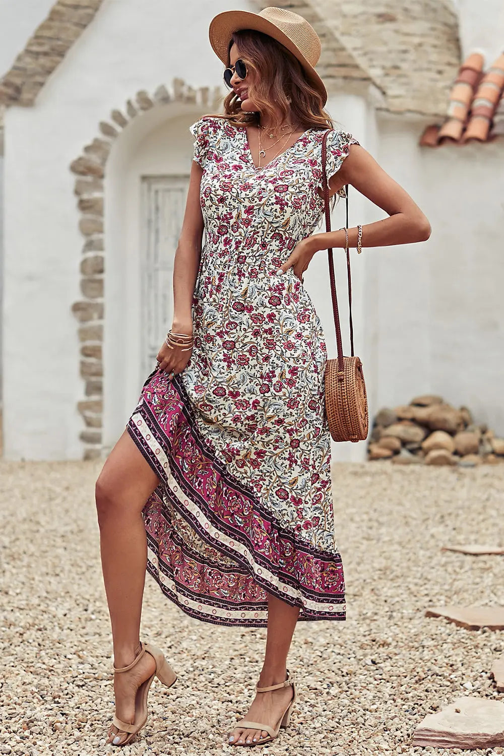 Women's Floral V Neck Cap Sleeves Boho High Low Flowy Midi Long Sun Dresses PRETTYGARDEN