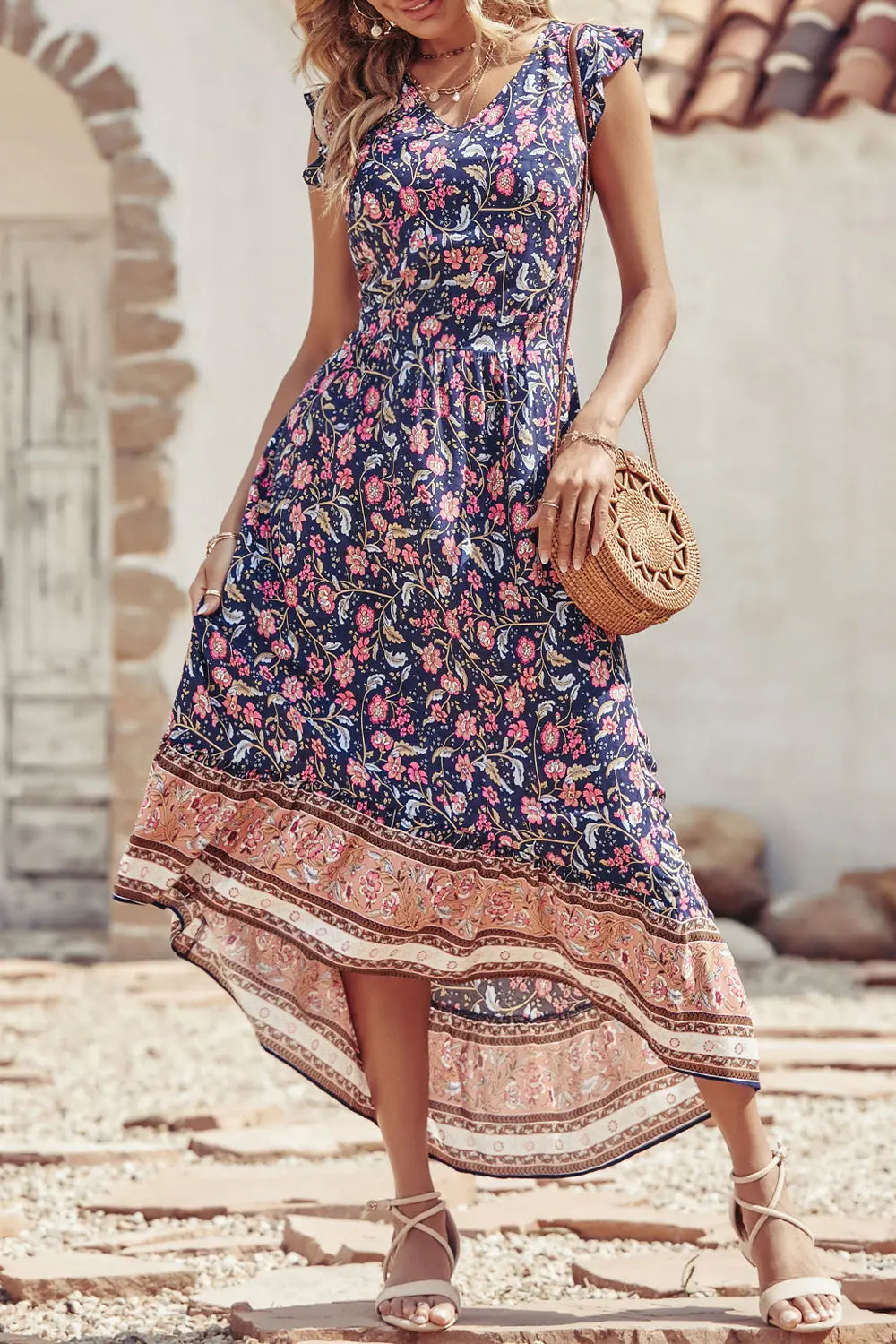 Women's Floral V Neck Cap Sleeves Boho High Low Flowy Midi Long Sun Dresses PRETTYGARDEN