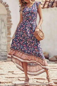 Women's Floral V Neck Cap Sleeves Boho High Low Flowy Midi Long Sun Dresses PRETTYGARDEN