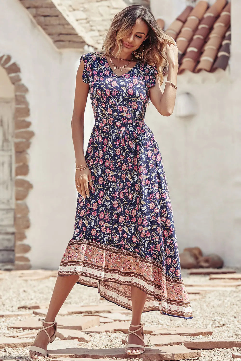 Women's Floral V Neck Cap Sleeves Boho High Low Flowy Midi Long Sun Dresses PRETTYGARDEN