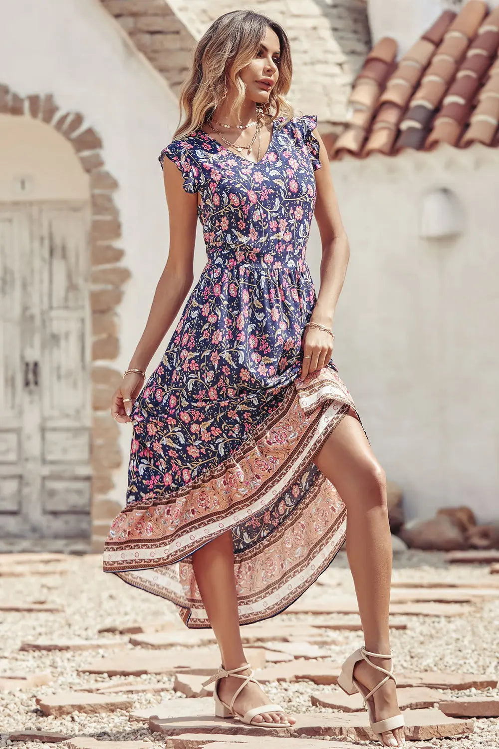 Women's Floral V Neck Cap Sleeves Boho High Low Flowy Midi Long Sun Dresses PRETTYGARDEN