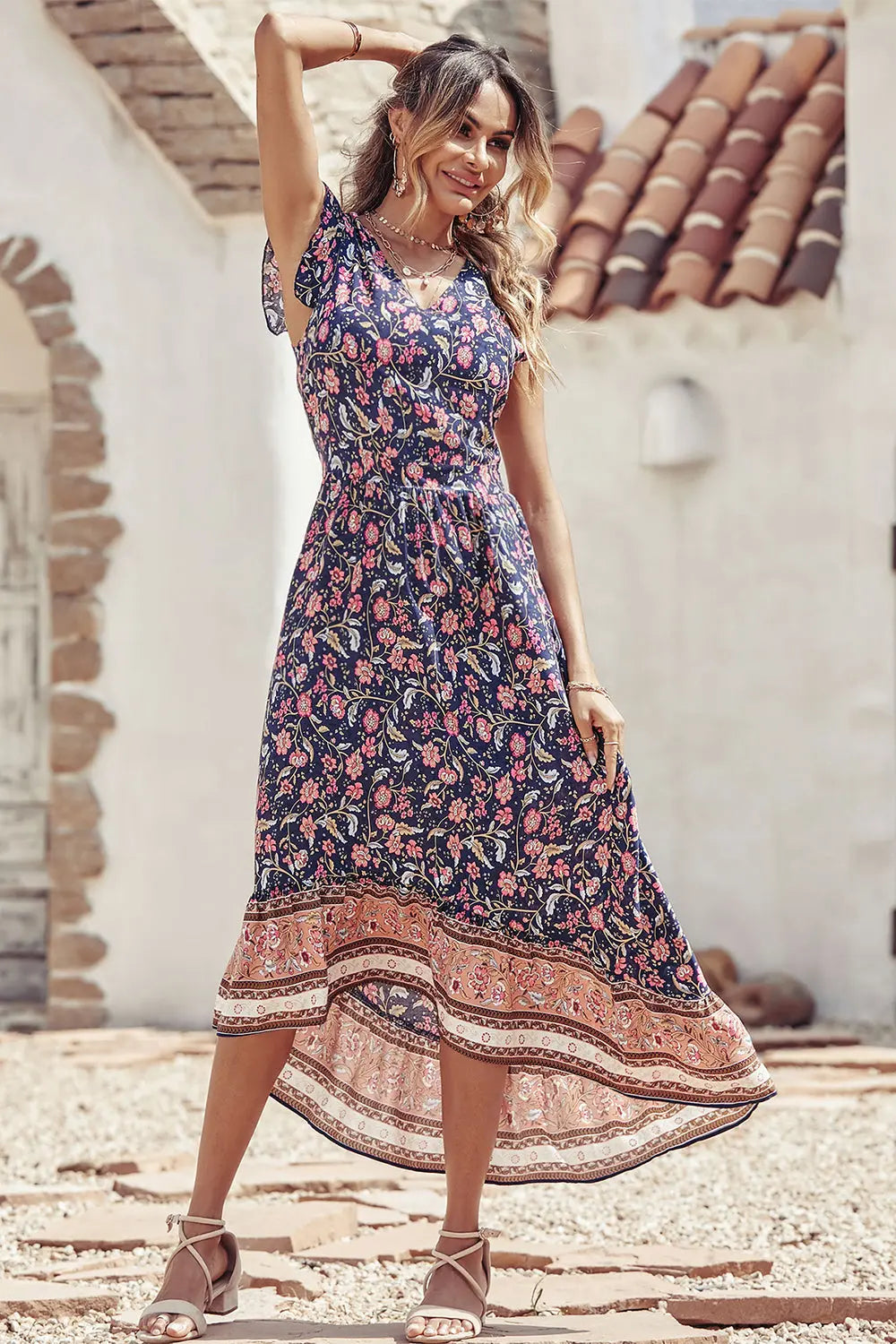 Women's Floral V Neck Cap Sleeves Boho High Low Flowy Midi Long Sun Dresses PRETTYGARDEN