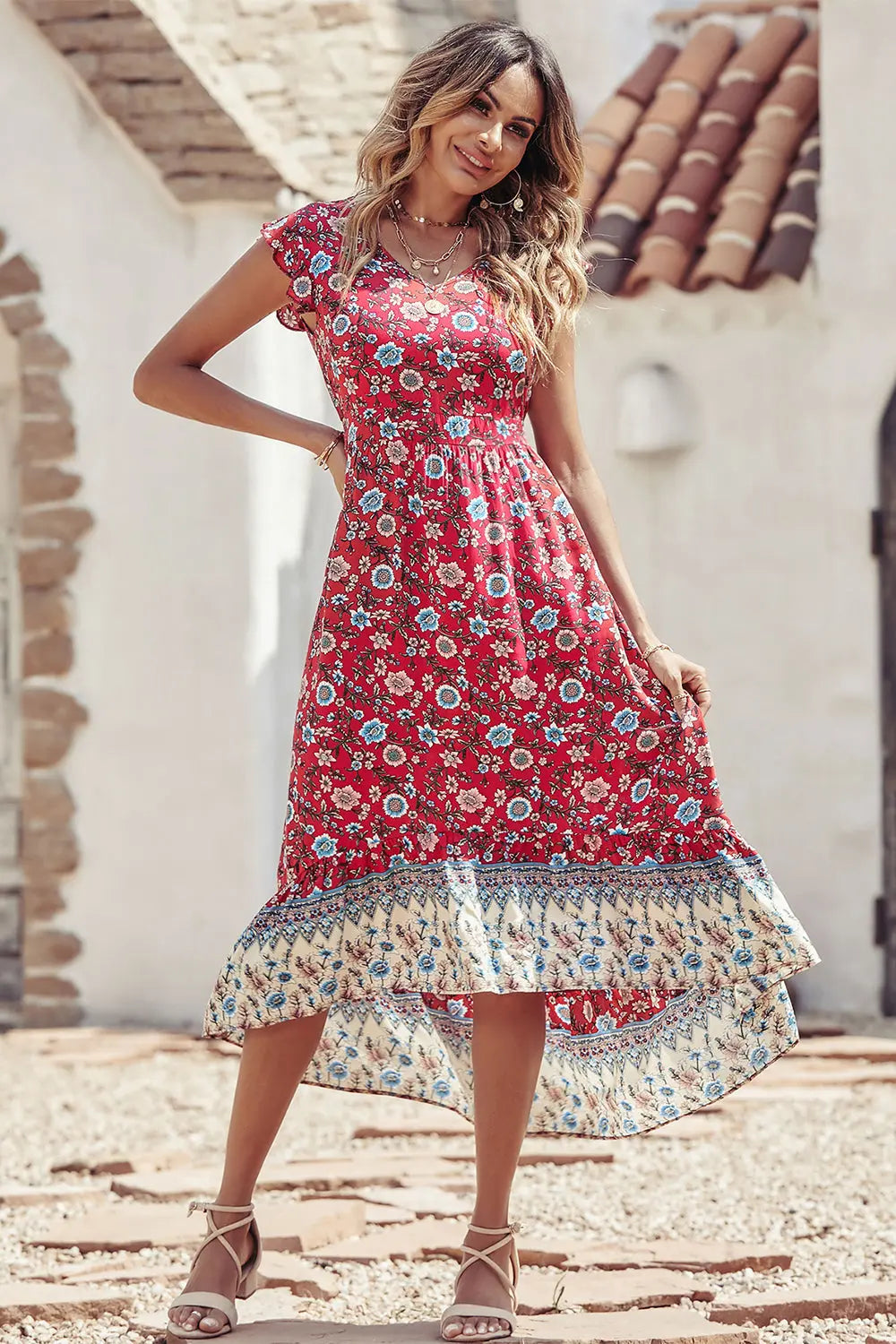 Women's Floral V Neck Cap Sleeves Boho High Low Flowy Midi Long Sun Dresses PRETTYGARDEN