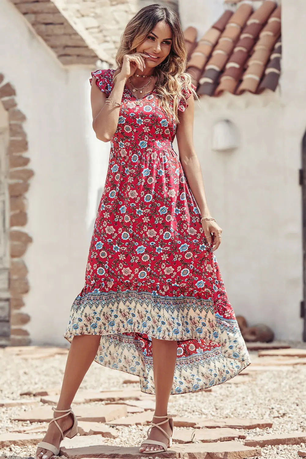 Women's Floral V Neck Cap Sleeves Boho High Low Flowy Midi Long Sun Dresses PRETTYGARDEN